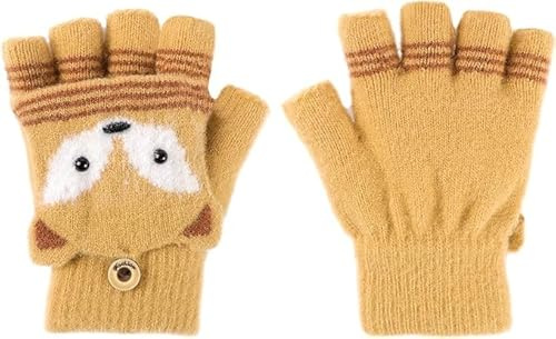Votvlog Guantes sin dedos para niños,Guantes de invierno con solapa,Guantes cálidos de medio dedo,Guantes plegables de punto para niños y niñas de 5 a 10 años (Amarillo)