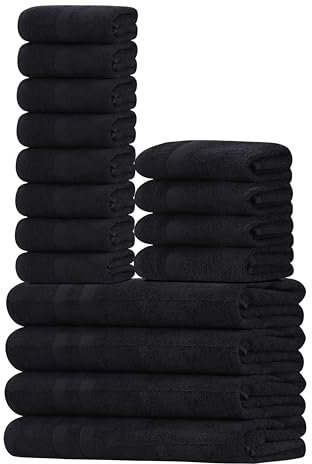 Organix 16-teiliges Handtuch-Set, 4 Badetücher, 4 Handtücher, 8 Waschlappen, leichte Baumwolltücher für Badezimmer, weich saugfähig und schnell trocknend (Schwarz)