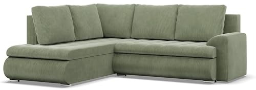 Mebligo - Ecksofa mit Schlaffunktion und 2 Bettkasten Cord - Grün 230x89x200 (BxHxT) FORESTA - Links Eckcouch, Sofas & Couches, Couch L Form, Cauchsofa, Sofa Wohnzimmer, Ecke Sofa