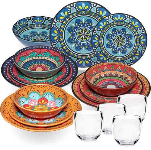 Melamin Geschirr Set Toskana Pastel für 4 Personen - 16 Teile BUNT - Mandala-Optik mit klaren Trinkgläsern 400 ml aus Acryl Spülmaschinengeeignet Essgeschirr Zubehör Campinggeschirr Wohnwagen Camping