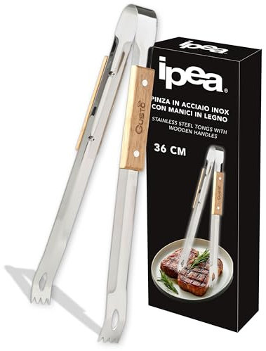 IPEA Pinze da Cucina in Acciaio Inox con Manici in Legno - Design Innovativo - Pinza Professionale per Barbecue, Carne, Pasta, Bistecche, Buffet - Pinze da Chef Resistenti al Calore - 36 cm