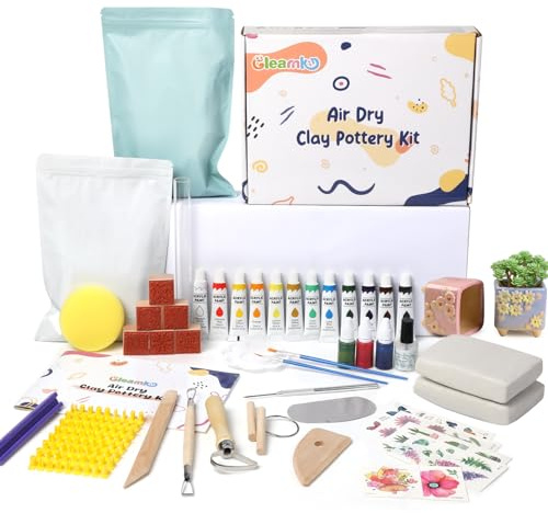 Gleamkid 43 PCS Pottery Kit,2x500g Air Dry Clay for Adults | Pottery Kit with 25ml Acrylic Paints,Stamps,Clay Kit Perfect for Creative Projects & DIY
