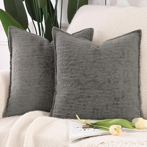 Madizz 2er Set Chenille Samt Kissenbezüge mit Rand Dekorativ Weiche neutrale Wurfkissen für Sofa Boho Akzent Zierkissenbezüge für Schlafzimmer Wohnzimmer Grau 40x40 cm