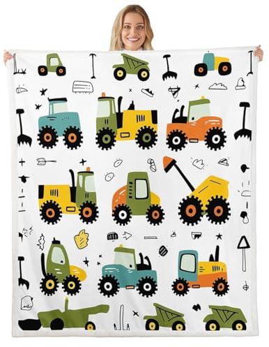 Loussiesd Manta de forro polar de caricatura, tamaño Queen, 90 x 90 pulgadas, para niños, excavadoras, tractores, cobija Sherpa para niños, niñas, adolescentes, vehículos de construcción, cobija