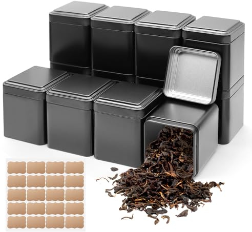 PWGHWG 12 Stück Klassische Eckige Teedose 7 × 7 × 8,5 cm Teedosen für Losen Tee, Teedose Metall Schwarz inkl 20 Etiketten, für Tee Kaffeebohnen Gewürze
