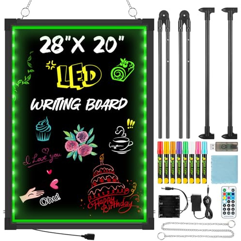 LED Message Board 28 x 20 - Flashing Neon Effect & Remote Control, Illuminated Erasable Sign Board with 8 Fluorescent Chalk Markers for Restaurant, Bar, Cafe, Shop