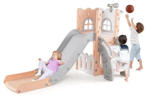 COSTWAY 6 en 1 Toboggan Enfant en HDPE avec Panier de Basket & Télescope, Aire de Jeux Intérieure avec Échelle & Espace de Rangement, Cadeaux pour Garçons et Filles de 12 Mois+ (Rose+Gris)