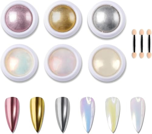 Chrom Nagelpulver, Nagelkunst-Dekorationssets, Weiße Perle, Metallischer Spiegeleffekt, Schillerndes Aurora, Meerjungfrau-Perlen-Glitzerstaub-Set für Gel-Nagellack, Nagelkunst-Dekoration(6 Farben)