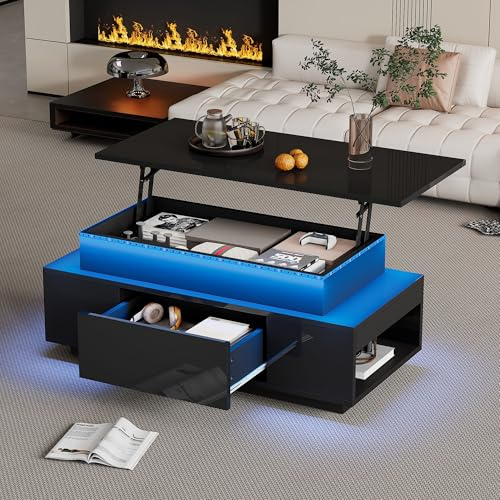 OKMYHOME - Mesa de café con bandeja elevable y almacenamiento integrado, 1 cajón, LED USB 16 colores, panel de partículas, 96 x 45 x 40 cm