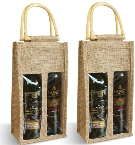 2 Stück Jute Weinflaschentaschen, Rotwein Flaschenbeutel 2-Flasche, Doppelte Weintasche mit Fenster und Griff, Wiederverwendbare Jute Weinbeutel, Geschenktasche für Hochzeit Geburtstag Party Urlaub