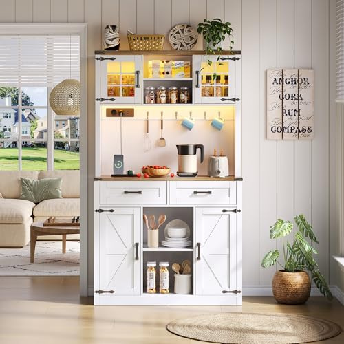 YAIXBNG Barschrank mit LED-Beleuchtung und Steckdosen, großer Küchen-Buffetschrank mit 2 großen Schubladen, Scheunentor-Design, verstellbaren Einlegeböden, rustikaler Kaffeebar-Sideboard-Tisch, weiß