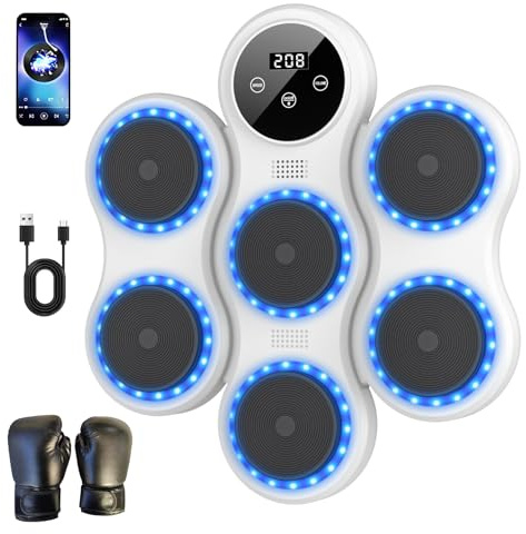 Machine de Boxe Musicale,9 Vitesse Cible Boxe Mural Musique avec Gants de Machine ,Comptage Intelligent et Bluetooth Musicboxing pour Entraînement à la Maison,pour Adultes et Enfants Exercice (Blanc)
