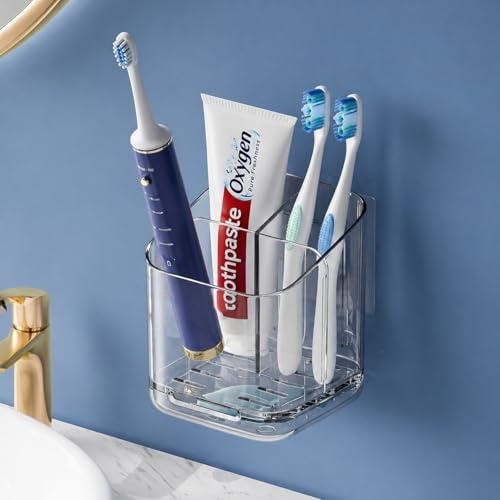 Soporte Cepillo de Dientes de Pared sin Taladro, Organizador de Baño con 3 Compartimentos, Desmontables, Portacepillos y Pasta de Dientes, Pequeño Estante de Almacenamiento para Baño, Cocina u Oficina