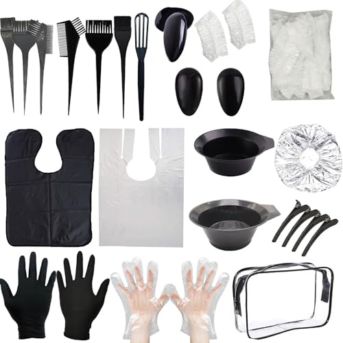 PLATEYTR 43-Piece Hair Dye Bowl and Brush Kit with Mixing Bowls Brushes Combs Gloves Ear Covers Caps Cape and Storage Bag for Home or Salon Use