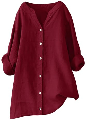 Chemise Femme Lin Chemisier Coton Et Lin pour Femme Col en V Bouton Manches Longues Chic et Élégant Tops Couleur Unie LâChe Respirant T-Shirts Grande Taille Casual Essentiels Vacances D'Été Blouse