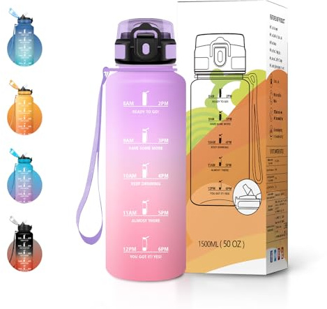 JAPORIA Borraccia Sport 1.5L, Borraccia con Cannuccia, Indicatore del Tempo, Senza BPA, a Prova di Perdite, Bottiglia Acqua Riutilizzabile per Fitness, Studenti, Palestra e Ufficio