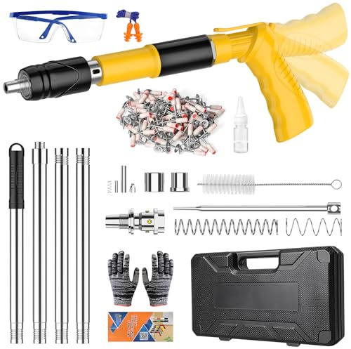 Concrete Nail Gun, Portable Manual Nail Gun with Extension Pole and 120 Round Nails, 5 Adjustable Power Levels, Double Silencer & Carry Case for Ceilings, DIY and Wall Fastening