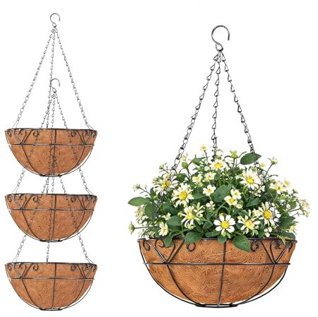 Crystals 4 Pack 12 (30cm) Metal Hanging Baskets – Heavy Duty Country Forged Garden Planters, Rust-Resistant Outdoor Hanging Pots for Flowers, Plants, Patio, Balcony & Garden Décor