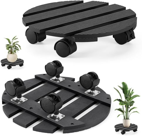 Monucep Pflanzenroller 2X WPC Ø 30 cm rund Anthrazit bis 80 kg | Rollbrett für Pflanzen mit 4 Rollen, rund wetterfester Blumenroller Indoor & Outdoor, für Balkon, Terrasse und Garten