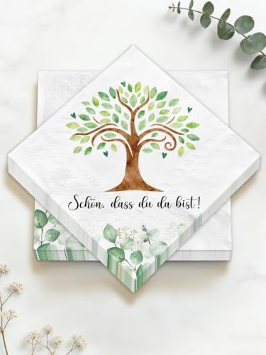 40 Stück Servietten Schön dass du da bist, Tischdeko Grün, Geburtstag Deko, Tischdeko Hochzeit, Geburtstag, Taufe, Kommunion, Kindergeburtstag, Geburtstagsdeko Tisch, Papierservietten 33 * 33 cm