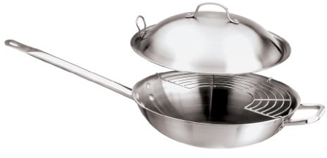 Paderno 12529-32 Wok con Griglia e Coperchio, 32 cm, Acciaio Inox