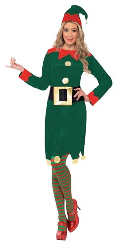 Smiffys Elf Costume, Green with Dress, Hat & Belt, Christmas Adult Fancy Dress, Elf Dress Up Costumes
