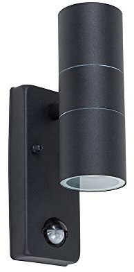 MiniSun | Modern Matt Black Up/Down Security Wall Light with PIR Motion Sensor | Outdoor Wall Lights, Home Décor & Improvement Essential | Includes 2 x 5W GU10 Cool White LED Bulbs | Mains Wired