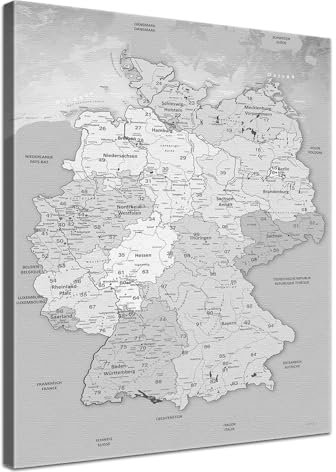 Stilvolle Pinnwand Deutschlandkarte - Hellgrau - Deutsch in 70 x 100 cm, stabile Rückwand zum Pinnen inkl. Starterkit - Leinwand-Kunstdruck Wandbild Landkarte XXL
