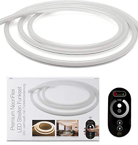 LED Universum 10 Meter Premium NeonFlex LED Streifen Funkset warmweiß mit Netzteil, Funkfernbedienung & Controller, IP65, 24 V, 9 W/m, 280 lm/m, für Innen- und Außenbereich