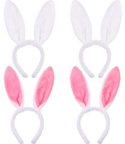 Oreille de Lapin 4 pièces Serre tete Lapin Rose et Blanc Bandeau de Lapin en Peluche pour Cosplay Fournitures de Fête de Pâques