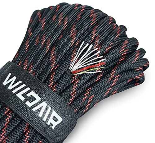 WILDAIR Paracord Survival Paracord Fallschirm Fire Cord Survival Seile 4-in-1 5/32 Zoll Durchmesser US Military Type III mit integrierter Angelschnur, Feuerstarter Zunder (schwarz rot 30 m)