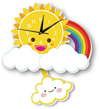 Martin Kench Kinder Wanduhr Wolken, Uhr ohne Tickgeräusche, Kinderuhr für Kinderzimmer, Lautlos Uhrwerk, Wanddeko (Sonne)
