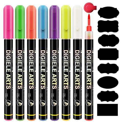 DIGIELE Kreidestifte, 0.7-1mm Fein Tipp Kreidemarker, 8 Bunt Neon Kreidestift, Trocken oder Feucht Abwaschbar für Tafel, Fenster, Glas und Andere Nicht Poröse Oberflächen, 16 Tafelaufkleber Verpackt