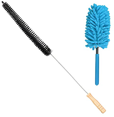 Limpia Radiadores Casa 70,5cm BIGKASI Cepillos para Radiadores, Plumero para Radiadores Cepillo de Limpieza Multifunción, Toalla Azul para Polvo, Mango de Madera Plumero para Limpieza en Casa