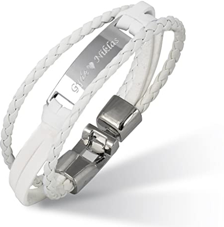 Hanessa Personalisiertes Armband mit Gravur für Männer und Frauen Edelstahl Leder weiß Silber Länge 21 cm | Personalisierte Armbänder mit Namen Herren Damen