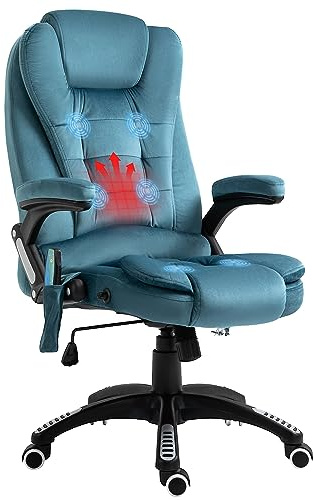 Vinsetto Bürostuhl mit Massagefunktion Samtoptik Chefsessel Blau | Heizfunktion, Liegefunktion, Wippfunktion, Ergonomisch, Höhenverstellbar, 360° Drehbar, Computerstuhl, Seitentasche