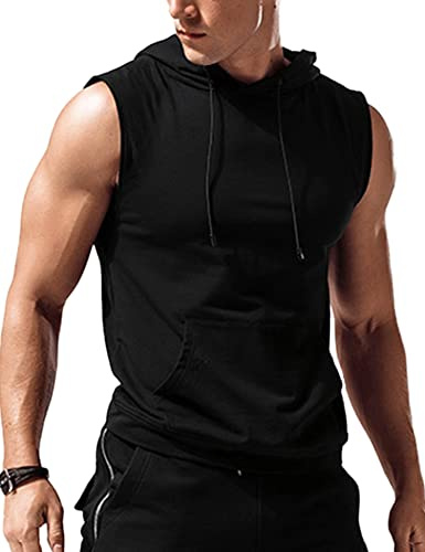 Amussiar Canotte da Uomo con Cappuccio Senza Maniche per Allenamento Palestra Felpe con Cappuccio Bodybuilding Muscolo Tagliato Maglietta, Nero, M