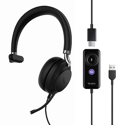 Yealink USB Headset UH38,Microsoft Teams Zertifizierte Mono/EIN Ohr Kopfhörer mit Noise Cancelling Mikrofon für VoIP Softphone/PC/Laptop/Mac/Handy,In-Line-Steuerung Eingebautes Bluetooth,USB-A Kabel