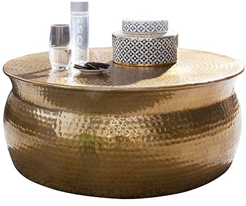 möbelando Couchtisch 75x31x75 cm Aluminium Gold Beistelltisch orientalisch rund | Flacher Hammerschlag Sofatisch Metall | Design Wohnzimmertisch modern | Loungetisch indisch Stubentisch klein