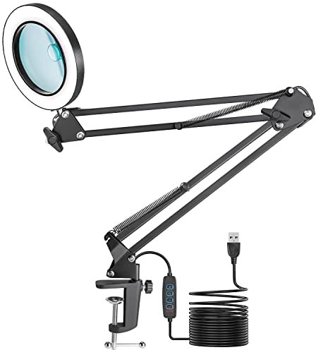 Jubor Magnifying Glass with Light and Stand, 10X 8X LED Magnifying Lamp with Clamp, Desk Magnifier Lamp with 3 Color Modes Dimmable for Hobby Crafting, Repair, Reading