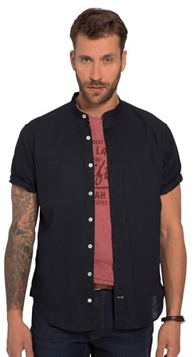 JP 1880 Herren große Größen Übergrößen Menswear L-8XL Hemd, Halbarm, Leinenmix, Stehkragen, Modern Fit Navy blau 4XL 815225130-4XL