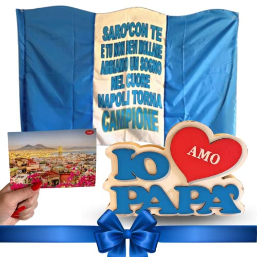 NARAMAKI - Idee Regalo Tifoso del Napoli: Decorazione Legno Papà 18cm + Bandiera 90x150cm (Sarò con Te) + Cartolina in Omaggio