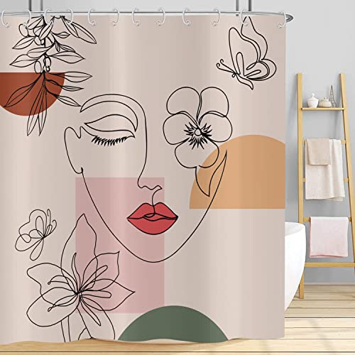 Hnmdmyi Duschvorhang Abstrakte Frau 180x180, Boho Mid Century Badewanne Vorhang Minimalistisch Modern Blume Pflanze Terracotta Ästhetisch Mädchen Wasserdicht Polyester Stoff Waschbar Badevorhang
