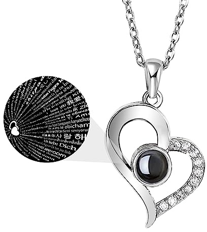 Emibele Collar de Plata para Mujer, Collar de Colgante de Corazón con Te Amo en 100 Idiomas, Chapado en Oro con Circonitas, Regalo de Joyas para Novia, Esposa, Madre