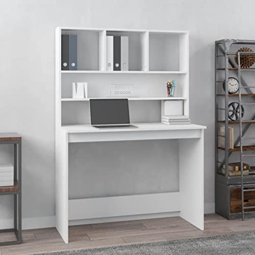TANZEM Schreibtisch mit Regal Weiß 102x45x148 cm Holzwerkstoff, Gaming Tisch, Computertisch, Computer Desk, Office Table, Bürotisch, Arbeitstisch, Nähtisch, Pc Tisch