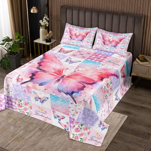 Schmetterling Tagesdecke S Größe,Rosen Blumen Tiere Rustikale Bauernhaus Bettwäsche Mädchen Erwachsene Zimmer Dekor,geometrische Plaids Patchwork Tröster Set,Rosa lila Quilt Coverlet,1 Kissenbezug