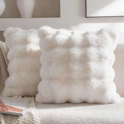 Neelvin 2er Set Decorative Kissenbezug Superweichen Plüsch Kurze Wolle Kissenhülle Luxus Zierkissenbezüge Sofakissen für Sofa Wohnzimmer Schlafzimmer 50x50cm Weiß