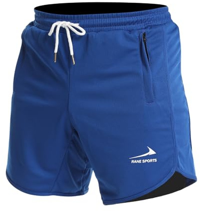 Rane Sports Pantalones Cortos Deportivos para Hombre, Pantalones Cortos de Entrenamiento Deportivo para Correr, Gimnasio, con Bolsillos con Cremallera Azul/con toallero M
