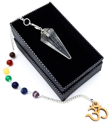 Péndulo de piedras preciosas, cristal de roca, 7 chakras, piedras preciosas, mantra Om Aum, símbolo en caja de joyería, metafísica esotérica brujería
