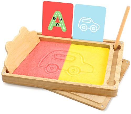 Pourbibi Sandtablet Montessori Spielzeug ab 3 4 Jahre Junge Mädchen,Frühes Training Buchstaben Lernen und Zeichen Sandspielzeug,Holzspielzeug Geburtstagsgeschenk für Kinder